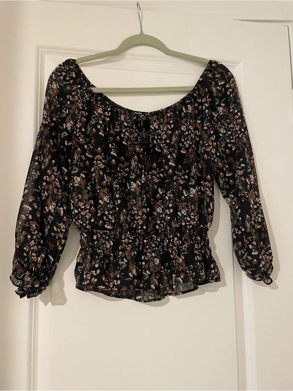 Papaya Black Floral Off-Shoulder Smocked Hem Blouse
